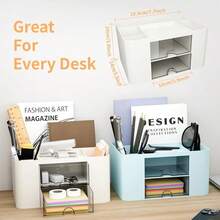 CasaCulina Desk Organizer With 2 Drawer, Multi-Functional Pencil Pen Holder, Plastic Desk Organizers And Storage With 5 Compartments For School Office Art Supplies (White)