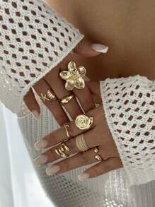 8 Stücke/Set Seestern & Kamm Offene Ringe, Set aus glatten Blumen-Legierungsringen, geeignet für Party, Geschenk und Alltagsgebrauch