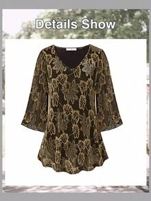 CheersLife Women's Ruffled V-Neck Loose Flowy Belted Blouse With Double-Layer Mesh - Black and Gold - View 4