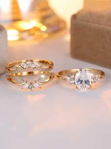 Vanel 2 Stücke Vintage exquisit eingearbeiteter synthetischer Zirkonia Rund-Schliff Ringe für den täglichen Lässig-Gebrauch und Verlobungsparty Schmuck 2-teiliges Ringset