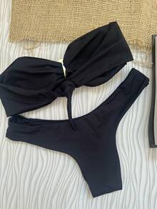 Black Strapless Bikini Top With Removable Padded Cups Elegant Casual Knot Ring - Black - View 2