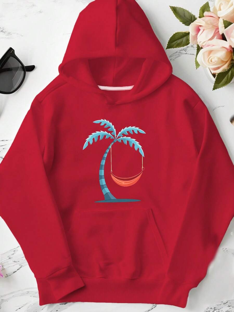 Palm Tree Red Hammock Minimalist Women's Plus Size Casual Hoodies, Vintage Graphic Tops,Daily Wear,Season,School,Holiday,Casual,Festival,Now, Fashion,Hip Hop - 紅色 - 查看 1