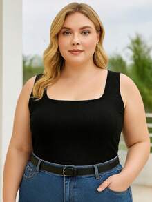 Women's Plus Size Ribbed Casual Tank Top - màu đen - Xem 4