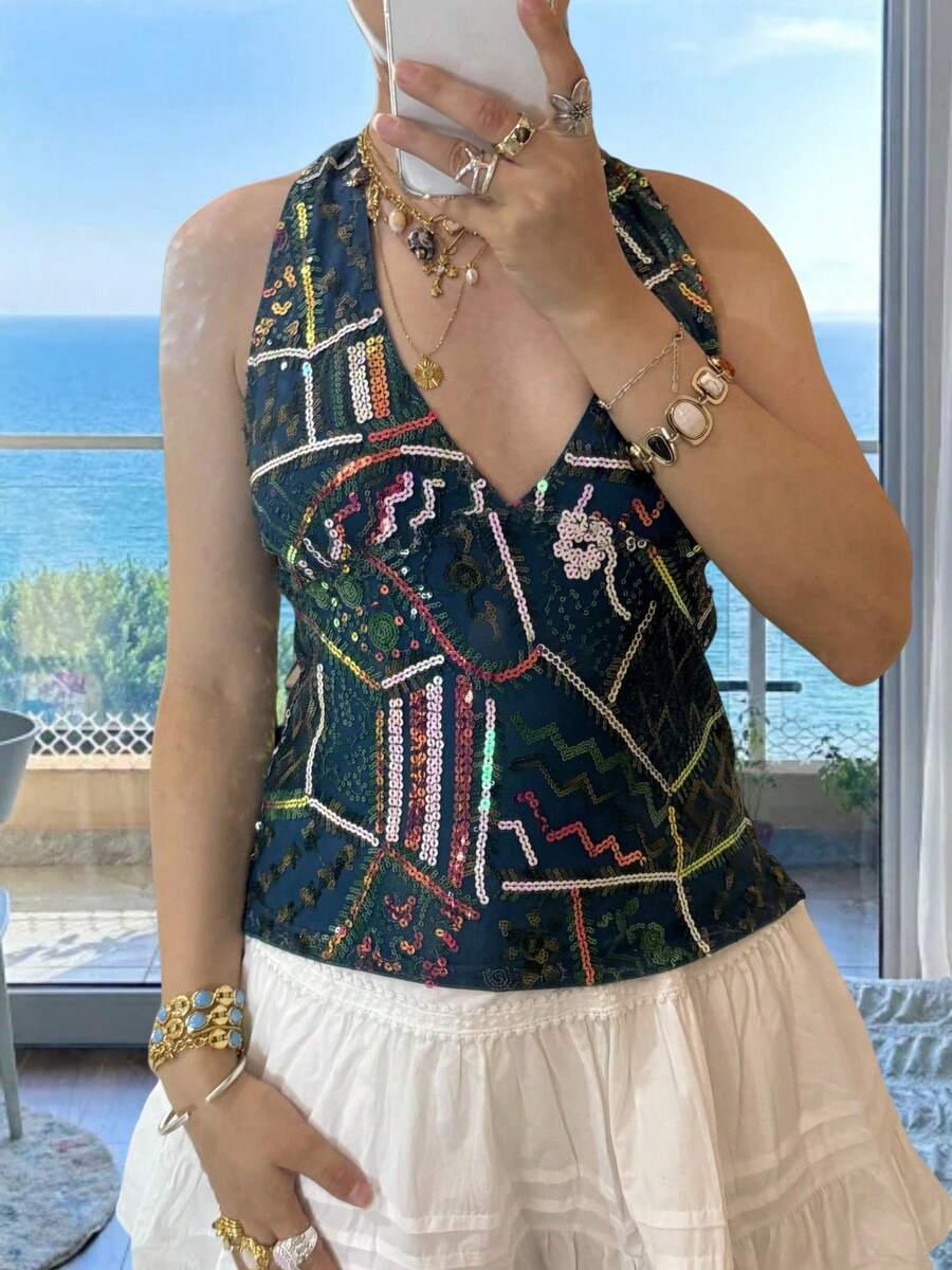 Women Sequin Beaded Halter Tops Y2k Sparkly Sleeveless Hanging Neck Slim Fit Crop Tank Top Summer Backless Low Cut Glitter Cami Vests Shirts Cute Going Out Tops Vintage Aesthetic Clothes Beach Vacation Party Streetwear - 藏蓝色 - 查看 1
