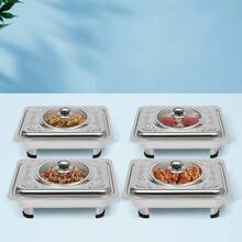 4 Piece Buffet Warmer Chafer Pan Buffet Tray With Lid Rectangular Chafing Dish Set Heat Container Food Warmer, For Schools, Buffet Restaurants Silver