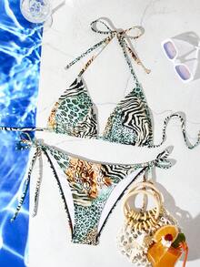 性感露背细肩带女士泳衣，性感豹纹系带比基尼套装，欧美流行泳装，夏季海滩度假必备 - 青碧色 - 查看 1