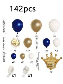 142 Blue Sapphire And Gold Decorative Balloons, Decorated With A Navy Blue Balloon Garland Set, Gold And White Confetti, Aluminum Foil Crown, Suitable For 2025 Graduation, Bridal Party, Birthday, Party Decoration.