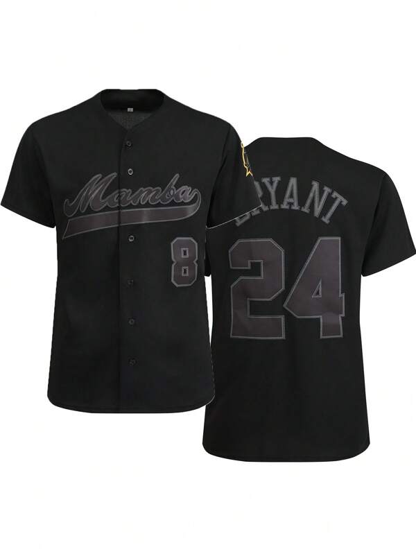 Camiseta deportiva de uniforme de béisbol con botones para hombres, color negro con bordado gráfico "8/24"