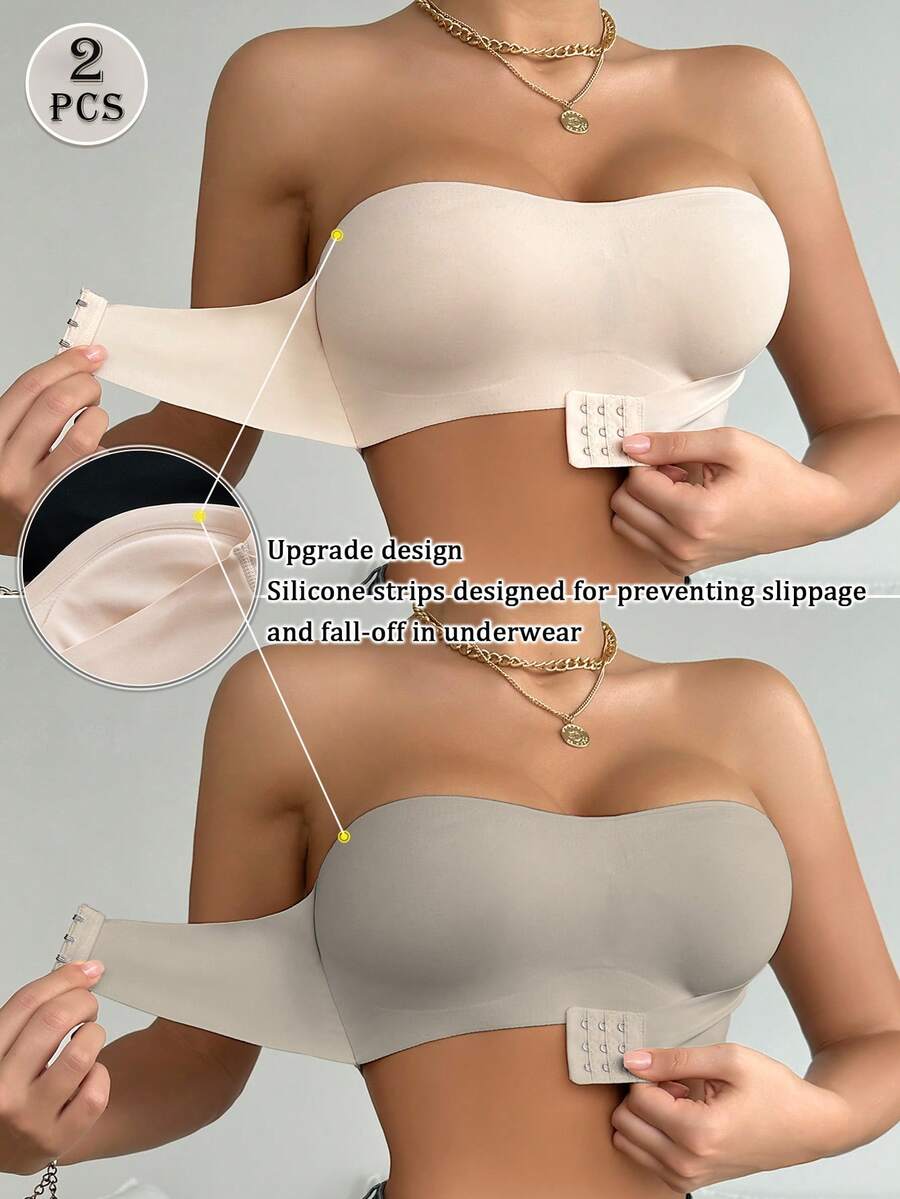 2件套前扣式纯色无肩带抹胸文胸，升级防滑硅胶条，舒适无钢圈薄罩杯文胸，非传统提拉分体式文胸，女士适用 - 彩色 - 查看 1