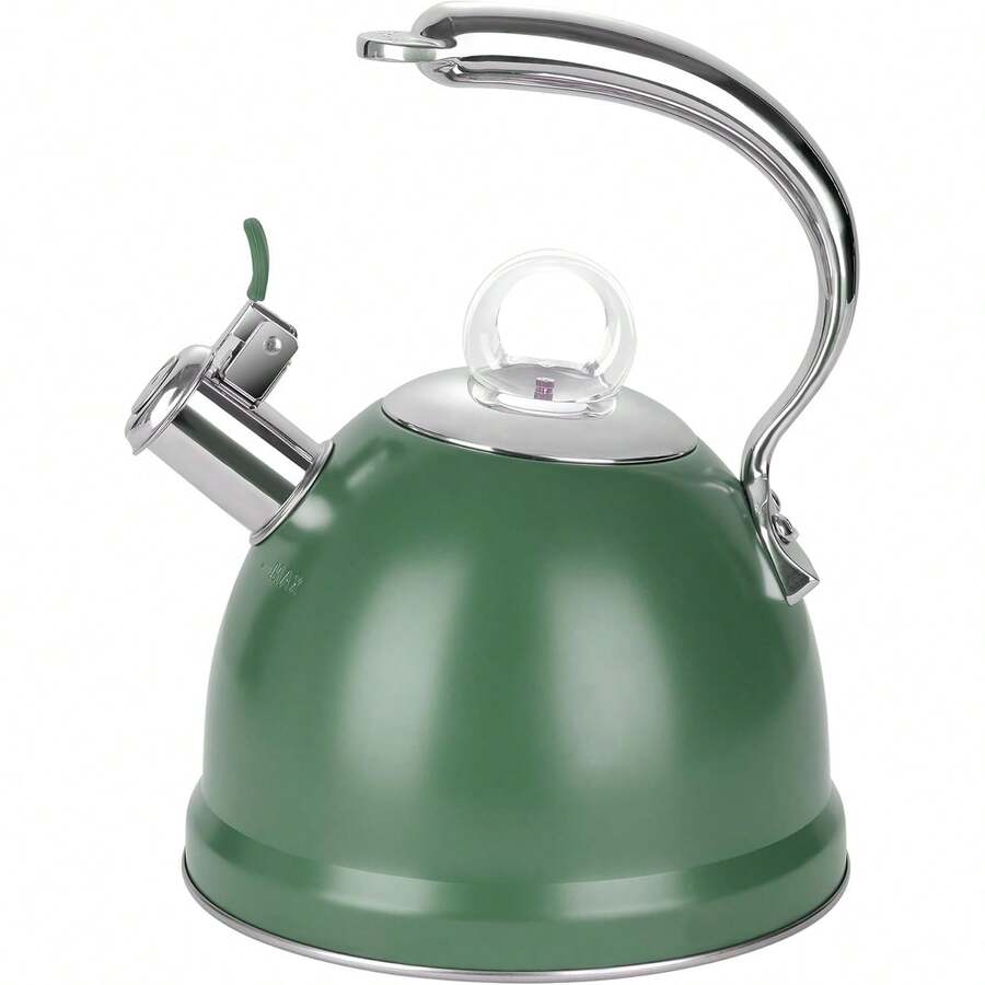 Tetera para estufa, tetera de silbato de acero inoxidable de 2.5 cuartos de galón, base de 3 capas, asa ergonómica con forma de delfín única, incluye soporte y tapete, aplicable a gas y eléctrico - Verde - Ver 1