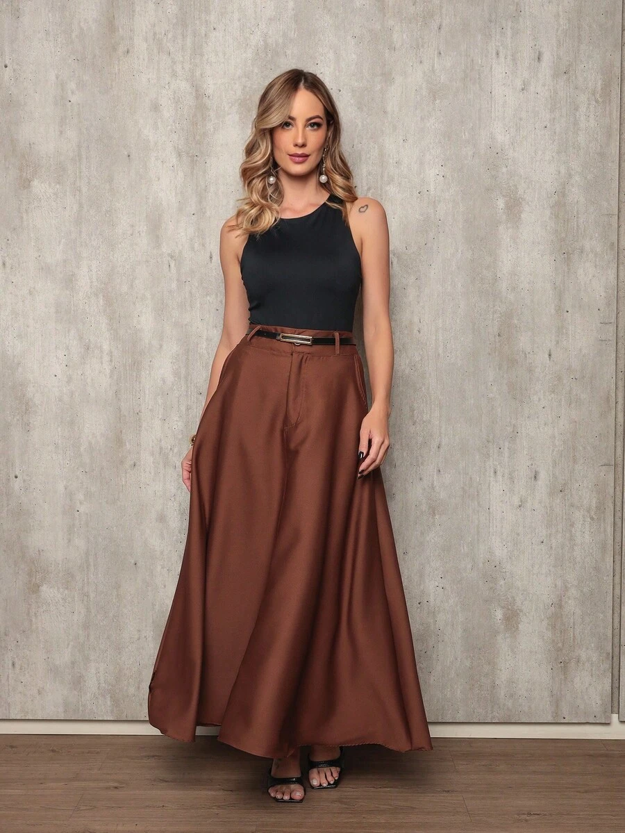 Women's Long Skirt With Tailored Belt - Cà phê nâu - Xem 1