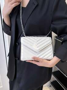 Bolso de hombro cuadrado con decoración en V de metal, bolso de cadena acolchado con solapa para la noche con cadena desmontable, nuevo bolso y monedero de piel sintética de unicolor, ligero bolso de mensajero para la oficina, compras y casual para teléfono y monedas