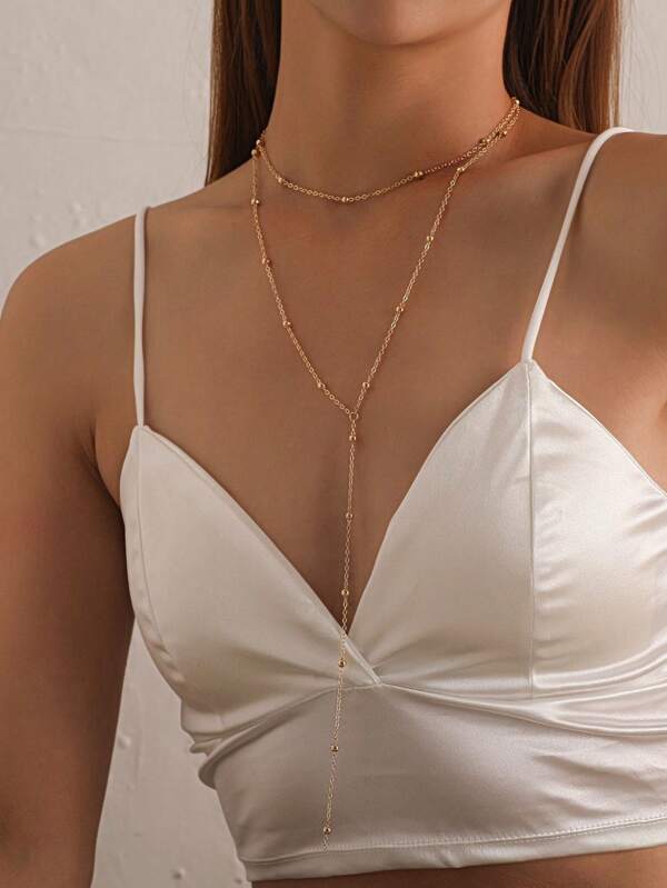 1pc Stylish Multi-Layer Geometric Tassel Ball Necklace, Minimalist European And American Bohemian Clavicle Necklace