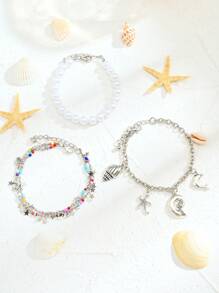 3pcs/5pcs Multi-Color Fashion Bohemian Faux Pearl, Natural Shell, Starfish, Seashell, Butterfly Pendant Beaded Necklace & Bracelet Set, Suitable For Valentine's Day, Best Friends, Family, Beach, Party, Gift, Daily Wear For Women