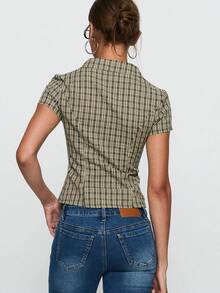 Women Y2K Vintage Plaid Shirt, Casual Short Sleeve Button Closure Slim Shirts Summer Crop Tops Preppy Style Outfits Teen Girls Streetwear For Casual Daily - 綠色 - 查看 5