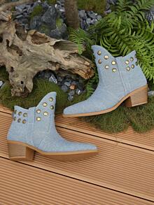 2025秋冬新款女式刺绣西部靴，复古粗跟靴，百搭棕色中筒马靴