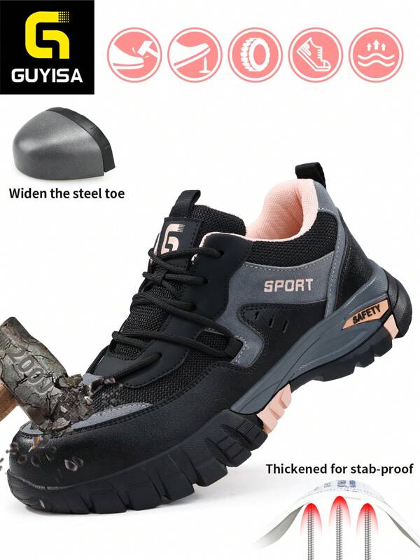 Chaussures de sécurité pour femmes, anti-écrasement, anti-perforation, isolation 10kV, embout composite, mode, confortable, couleur noir et rose (Remarque : il s'agit d'une taille chinoise, veuillez commander une taille de plus que votre taille normale. L'imprimé camouflage sur la semelle est une caractéristique normale)