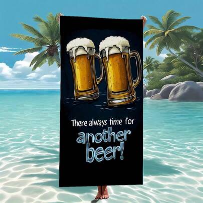 1pc Beer Lover's Beach Towel - Quick Dry Super Soft Microfiber With Cartoon Beer Cup Design And "Another Beer Time" Slogan, Highly Absorbent, Suitable For Yoga, Fitness, Travel, Swimming, Surfing, Camping - Machine Washable, Outdoor Essential Beach Essentials