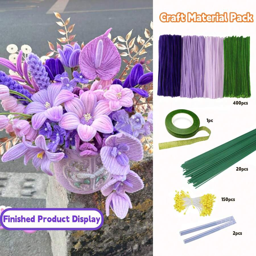 400/573 件套毛根花艺套装，包含毛根花茎、花蕊、绿色工艺胶带、热熔胶棒，适用于各种 DIY 手工项目，4 种颜色可选，可作为毕业礼物、母亲节礼物或情人节礼物。