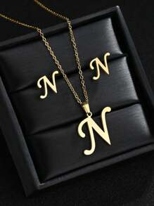 1 Set A-Z Stainless Steel Initial Necklace And Stud Earrings Jewelry Sets Alphabet Letter Pendant Chain Accessories Gifts