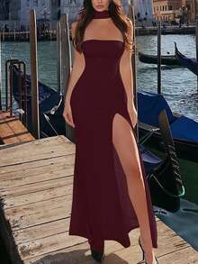 Women Solid Side Slit Mesh Tube Long Dress Skinny Bodycon Elegant Sexy Party Dress Evening Prom Clothes