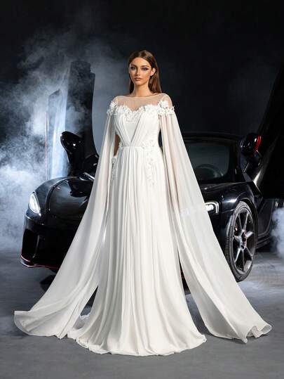 Elegant Chiffon Wedding Dress For Brides | Shawl Sleeve, Delicate Floral Applique On Sheer Fabric, Suitable For Red Carpet Galas, Bridal Banquets, High-Fashion Photoshoots, And Dreamlike Evening Parties