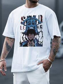 Anime Print Casual Summer Short Sleeve Crew Neck TShirt For Men, Unique Gift Idea For Anime Fans,Comfortable Breathable Cotton Blend Fabric,Perfect For Daily Wear Or Casual Occasions. - trắng - Xem 1