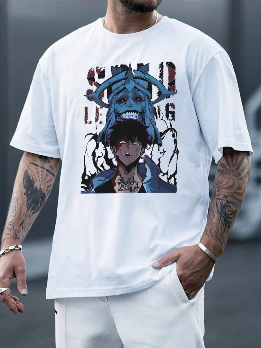Anime Print Casual Summer Short Sleeve Crew Neck TShirt For Men, Unique Gift Idea For Anime Fans,Comfortable Breathable Cotton Blend Fabric,Perfect For Daily Wear Or Casual Occasions. - trắng - Xem 1