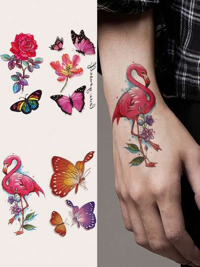 4pcs/Set Pink Flamingo, Tropical Butterfly, Floral Pattern Temporary Tattoos, Unisex, Suitable For Daily, Party, Holiday Gift, Body Art For Hand, Wrist, Ear, Shoulder, Neck, Collarbone