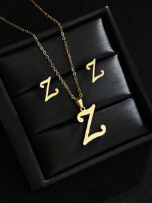 1 Set A-Z Stainless Steel Initial Necklace And Stud Earrings Jewelry Sets Alphabet Letter Pendant Chain Accessories Gifts