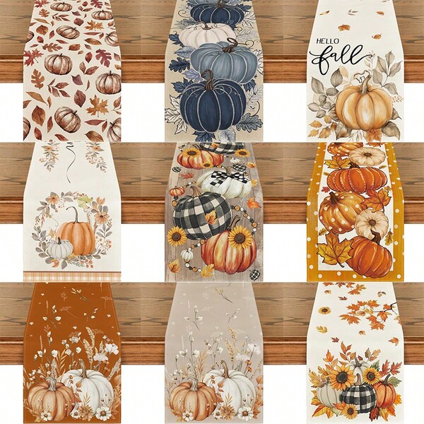 Maple Leaf & Pumpkin Autumn Table Runner, Seasonal Harvest Fall Kitchen Dining Table Decor For Home Party