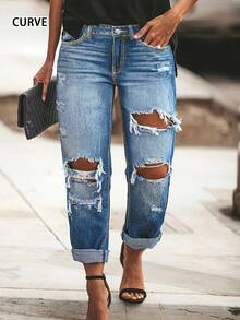 European And American Spring And Summer New Casual Mid-Waist Ripped Straight Pants Street Style Long Jeans For Women - Dark Wash - View 1