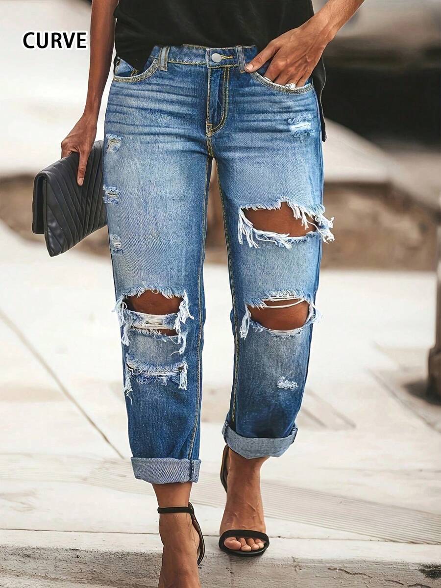 European And American Spring And Summer New Casual Mid-Waist Ripped Straight Pants Street Style Long Jeans For Women - Dark Wash - View 1