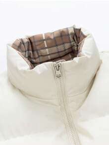 Men's Fashionable Versatile Plaid Contrast Color Lining Casual Outdoor Thick Warm Padded Coat With Water-Resistant Stand Collar, Winter