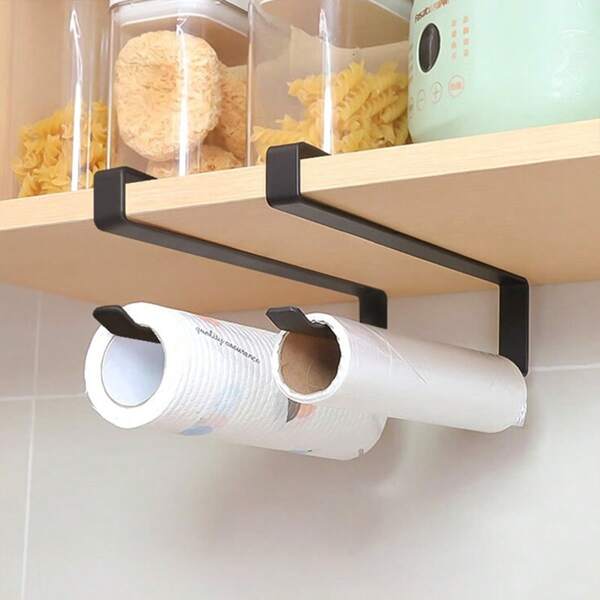 Under Cabinet Paper Towel Holder – No Drill Hanging Rack For Kitchen Storage, Over Cabinet Door Or Shelf Mount, Metal Roll Holder For Bathroom, Pantry, RV, Office, Black & White
