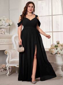 Váy phù dâu bằng vải chiffon xẻ cao cổ chữ V màu trơn cỡ lớn dành cho nữ kiểu dáng đơn giản - màu đen - Xem 4