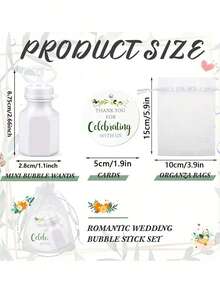 15件/套，婚礼迷你泡泡，婚礼宾客礼品套装，双爱透明泡泡瓶（不含液体），感谢绿叶圆卡，白色透明硬纱袋，拍照道具，适用于新娘送礼会，宾客礼物 - 白色 - 查看 6