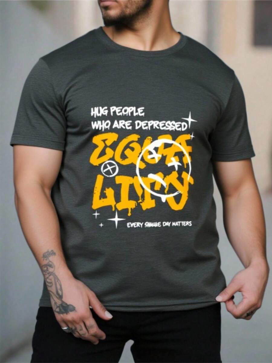 King T-shirt Playera de Hombre con Estampado Gráfico de Frase Positiva Contra la Depresión, Diseño Juvenil con Letras Grandes y Elementos Ilustrados, Cuello Redondo, Manga Corta, Tela Suave Transpirable 100% Algodón, Ropa Casual Cómoda Moderna para Diario, Moda Urbana Masculina Estilo Original Varios Colores - Gris plomo - Ver 1