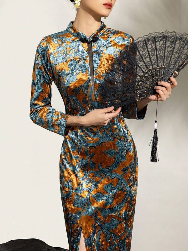 Sophisticated Women's New Chinese-Style Cheongsam With Classic Mandarin Collar, Elegant Long Sleeves, And Stylish Side Slit - Perfect For Gala Dinners, Wedding Receptions, Formal Banquets, Corporate Events, And Cultural Festivals