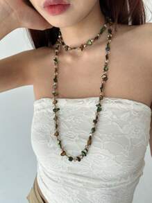 1pc Vintage Versatile Elegant Handmade Natural Shell & Crystal Beaded Long Sweater Chain Necklace
