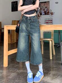 Quần jeans ống rộng 3/4 kiểu Mỹ, quần ống đứng dáng suông thoải mái, phong cách retro, dành cho nữ. - Màu xanh lam - Xem 2