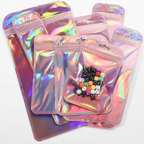 100pcs Colorful Holographic Aluminum Foil Resealable Bags, Gradient Color Polyester Film Bags, OPP Plastic Bags, Translucent Pink Plastic Bags, Suitable For Jewelry Storage Accessories, Cosmetics, Party Gifts, Small Business Packaging Zipper Bags. Multi-Size Multi-Color, Durable, Odor Proof And Zipper Design.