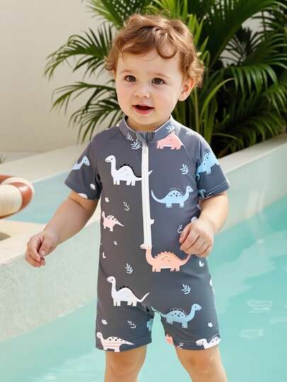 Infant/Baby BoyOne-Piece Swimsuit, Cute Dinosaur Print Swimming Costume For Beach, Holiday, Spa