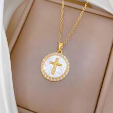 1pc 14K Gold Plated Stainless Steel Jesus Christ Cross Pendant Necklace, European/Arabian Style Religious Church Cross Necklace For Women, For Daily Wear, Gift Or Worship