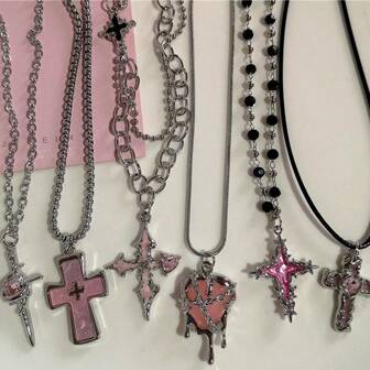 Gothic Y2K Pink Cross Heart Pendant Chain Choker Necklace For Women Egirl Hip Hop Punk Charms Aesthetic Jewelry EMO Accessories