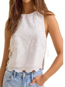 Split Side Crop Top Women Tie Side Tank Top Sleeveless Floral Print Crewneck Night Out Summer Peplum Shirt Blouse Aesthetci Cami Shirts - 白色 - 查看 1