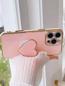 镀金心形支架和镀金手机壳，适用于 17 16e 15 14 13 12 11 XS XR X 7 8 Plus Pro Max Galaxy S25 S24U S23 A55 A54 A35 A25 A15 A16 A17 A07 A06 REDMI NOTE 14/13/12/11/10/9/8 A5/A3，镀金保护套 - 粉色 - 查看 5