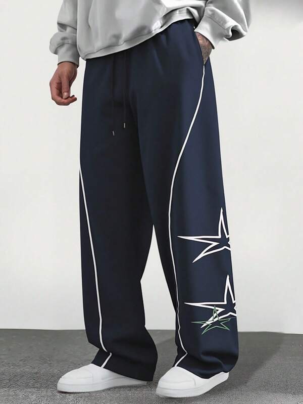 Pantalones deportivos casuales de unicolor para hombres, pantalones de chándal rectos y sueltos con cintura elástica con cordón, diseño bordado, aptos para uso diario