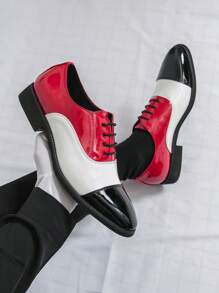 Męskie formalne buty wizytowe, błyszczące, brytyjskie, skórzane buty biznesowe casualowe, białe i czerwone, bloki kolorystyczne, sznurowane, ślubne, na imprezę