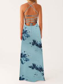 Women's Y2K Summer Maxi Dress Floral Print Sleeveless Cami Long Dress Cross Tie-Up Backless Fashion Spaghetti Strap Dress Beach Vacation Streetwear - Màu xanh lam - Xem 4